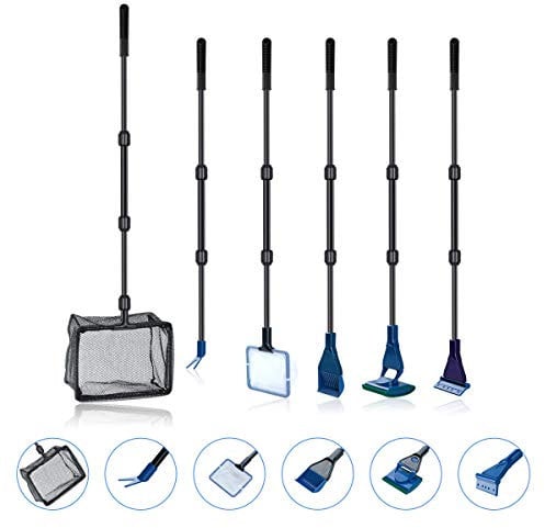 6 en 1 Acuario Fish Clean Set/Fish Net, Spoon Net, Gravel Rake, Plant Fork, raspador, Esponja, Conector/Fish Tank Clean Kit de Herramientas de Mantenimiento