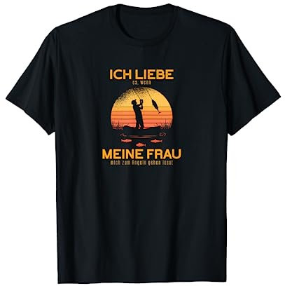 Petri Heil Angler | Herren T-Shirt Schwarz S ICH LIEBE es, wenn MEINE FRAU mich zum Angeln gehen lässt Angler Design Fischgrätmuster U-Ausschnitt Kurzarm Klassische Passform