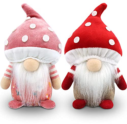 Godeufe 2-teiliges Set Weihnachten Gonk Pilz Zwerge Plüsch Bauernhaus Dekoration Geschenk Handgemachte Elfe Zwerg Skandinavische Tomte für Urlaub Zuhause Geburtstag Tiered Tablett Dekor (Rot und Rosa)