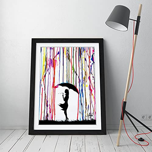 Banksy Regenschirm Mädchen – Premium Wandkunst, gerahmt, 3 Farben – 4 Größen (A1, Schwarz)