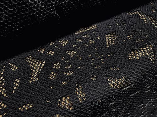 Netz-Jersey-Stoff mit geklebten Blumenapplikationen, Meterware, Schwarz