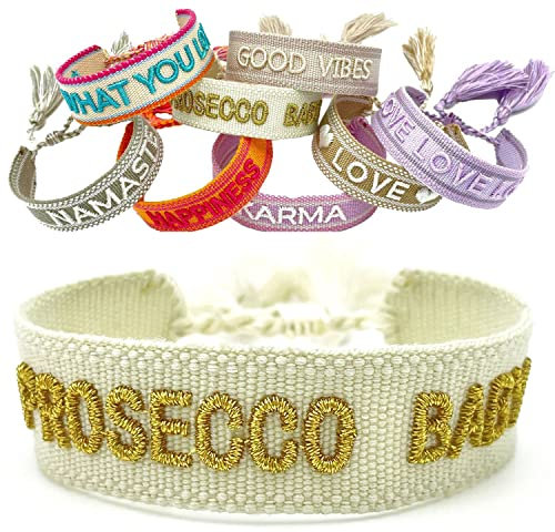 LS-LebenStil Exklusives Statement Armband Quasten besticktes Boho Canvas Webarmband (Prosecco Baby)