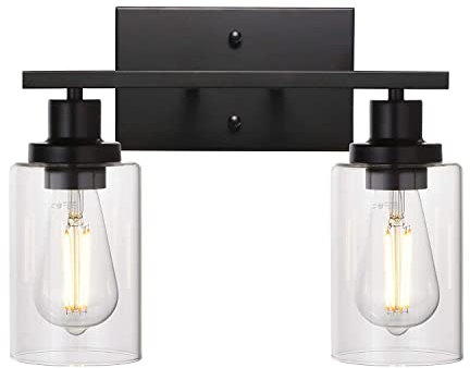 Siet Schwarze Spiegelfrontleuchte 2-Licht-Badezimmerleuchte, Wandleuchten Beleuchtungskörper Badewannenlampe mit Klarglasschirmen, E26 / 27 Vanity Wandhalterungslampen für Bauernhäuser