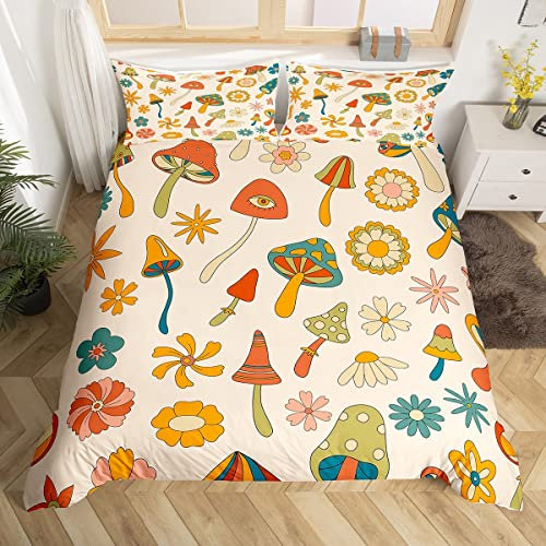 Castle Fairy Retro-Bettwäsche-Set mit Pilzblumen, 70er-Jahre, Rillen-Bettbezug für Schlafzimmer, Vintage-Boho-Pflanzen, Blumenmuster, Mikrofaser, Queensize-Bett, 228x228 cm