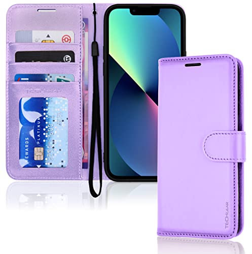 TECHGEAR iPhone 14 Plus Leather Wallet Case, Flip Protective Case Cover with Wallet Card Holder, Stand and Wrist Strap - Purple PU Leather with Magnetic Closure Designed for iPhone 14 Plus 6.7