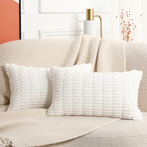 Mandioo 2er Set Weiß Plüsch Boho Dekorative Wurf Kissenbezüge 30x50 cm, Super Weich gestreifte Cord Dekokissen Kissenbezug Sofakissen Dekorativ Couchkissen Kissenhülle für Sofa Couch Wohnzimmer