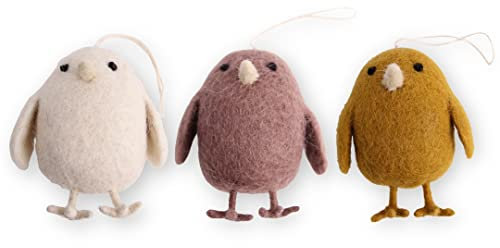 Gry & SIF Filzküken zum Aufhängen oder Hinstellen, Osterdeko, Osteranhänger, Ostern, Frühlingsdeko, Fairtrade, Handmade, Scandi | Anhänger Osterküken in Taupe, Gelb und Weiß, 8,5 cm, 3er Set