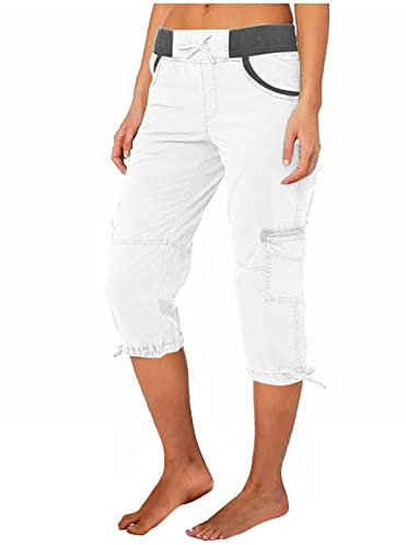 EMATOP 3/4 Sporthose Damen Sommer Cargohosen Einfarbig Regular Fit Freizeithose Hohe Taille Vintage Caprihose Jogginghose mit Taschen Arbeitshose Kurze Sommerhosen Pumphose Stoffhose