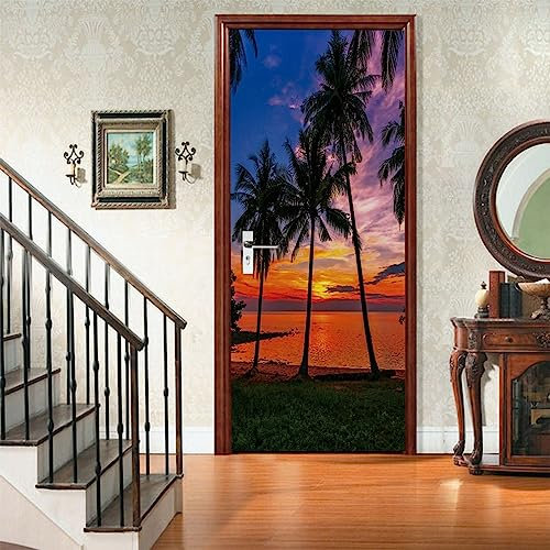 A.Monamour Türtapete Selbstklebend Türfolie Türposter 3D Palmen Tropischer Strand Bei Sonnenuntergang Naturlandschaft Vinyl Folie Türdeko Tapete Wandbild Türaufkleber Türtattoo 85x200cm
