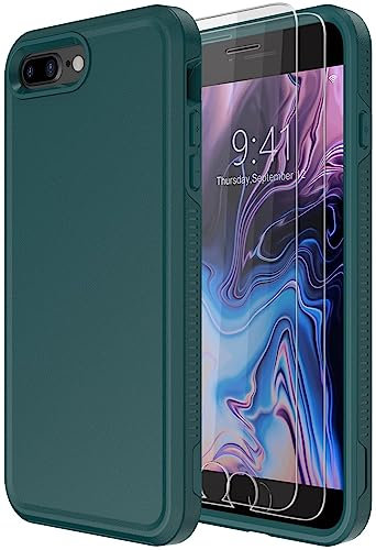 Diverbox Tough Mobile Phone Case for iPhone 8 Plus iPhone 7 Plus [Tempered Glass Screen Protector] [Shockproof] [Dropproof] Heavy Duty Protection Cover (Midnight Green)