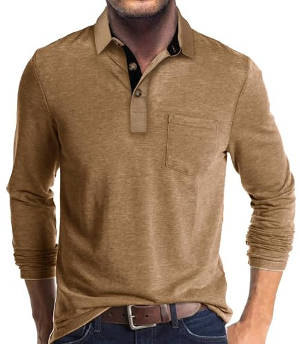 Mens Polo Shirts Long Sleeve Tops Casual Shirt Golf Top Cotton Tee Basic T-Shirt Knitted Buttons Khaki XXL