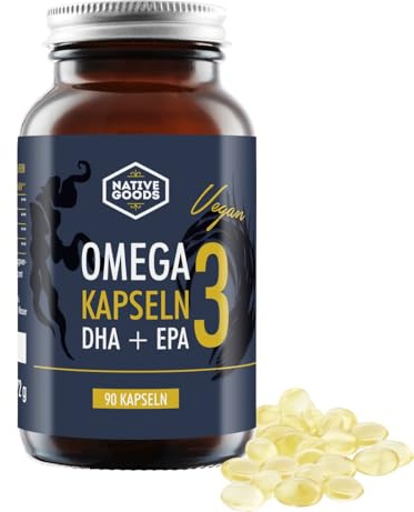 native goods – Omega 3 Kapseln hochdosiert 90 Stück – 1000mg Tagesdosis | Omega 3 vegan – nachhaltige Kulturen – Fischöl Alternative – 300mg DHA & 150mg EPA – Omega 3 Algenöl