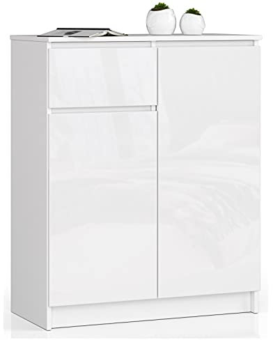 AKORD Commode K80 2D1SZ avec 2 Portes et 1 tiroir | Commode Classique pour La Chambre, Salon | Meuble de Rangement | L80 x H99 x P40 cm | Poids 34 kg | Blanc & Façade Blanc Brillant
