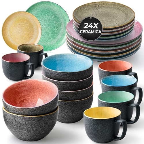 MIAMIO – Vajilla de 24 Piezas Servicio para 6, Platos Llanos y Acompañantes, Tazas y Tazones para Cereales/Cuencos para Pasta de Gres - Vajilla Apta para Lavavajillas - Colección Las Palmitas