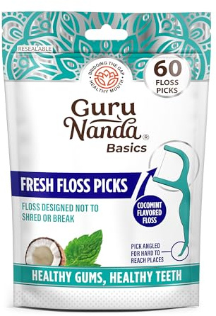 GuruNanda Fresh Floss Dental Picks - Non- Shred Thread with Angled Pick for Effective Plaque Removal - Dentist Recommened - Travel Friendly for Adults & Kids - 60 Pack