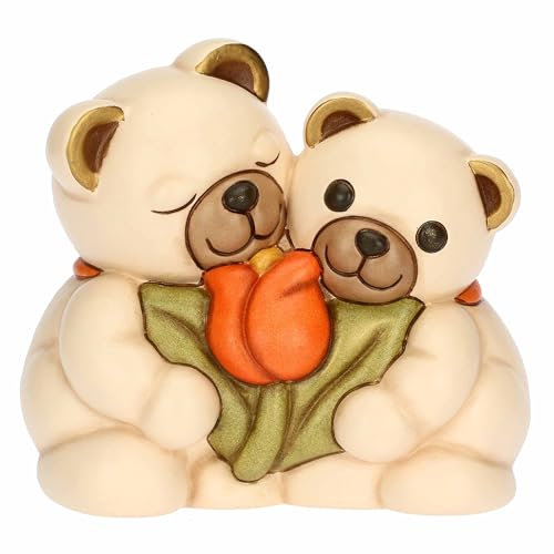 THUN, Coppia Teddy in Ceramica Decorata a Mano, Linea Primavera da Vivere, 15 x 10 x 13.8 cm h