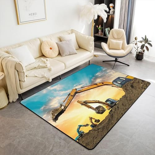 HATEGE Teppich Wohnzimmer 100 x 150 cm Waschbar Bagger, Outdoor Teppiche Kurzflor 3D Technisches Fahrzeug Carpet Flauschig Bagger Rug Schlafzimmer DT1181