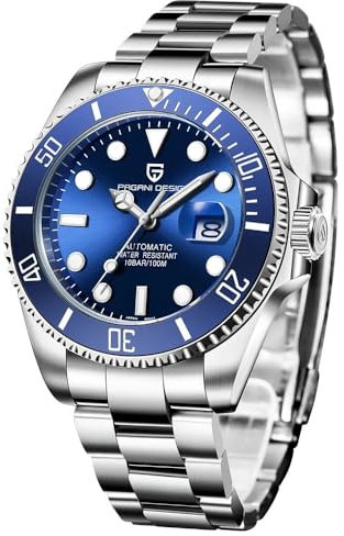 Pagani Design Elegante Herren Automatik Mechanische Uhr 43MM Japan NH35 Automatikwerk Aufziehen Keramik Lünette Edelstahl Wasserdicht Business Sport Armbanduhr Datum, blau, Armband