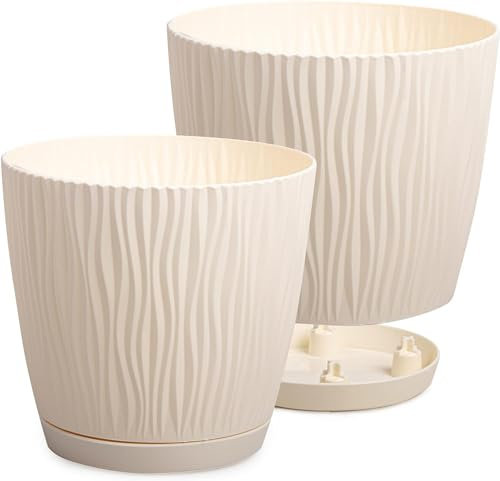 PECZEKO Macetas decorativas para flores y hierbas, duraderas y ligeras, redondas, de plástico, para salón y comedor, cocina, terraza, balcón, juego de 2 unidades (crema, diámetro de 24 cm)