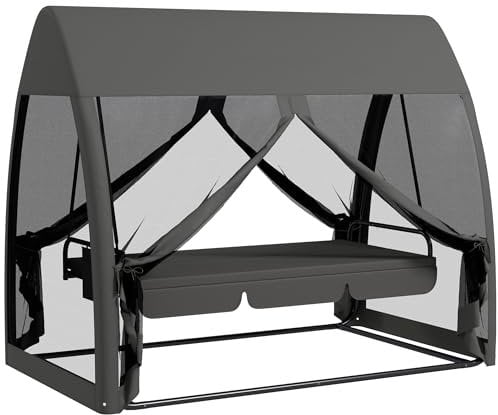 DecHome - Dondolo da Giardino 2 in 1 Convertibile in Letto con Cuscini e Zanzariera 240x140x197 cm, Grigio