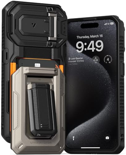VRS DESIGN Origin Wallet Card Holder Case for iPhone 15 Pro Silver | 3 Cards, 2023, Rugged, Semi-Automatic, 3-Card Slot, Kickstand Case