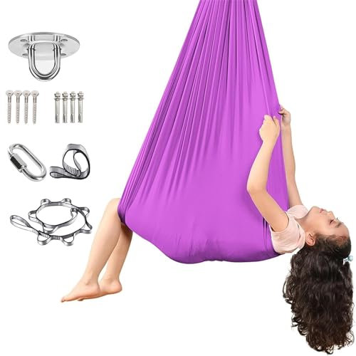 Sensory Swing, Therapieschaukel, Yoga Aerial Yogatuch inkl. Befestigungsmaterial | Hochwertiges Komplettset | Nylon Yoga Tuch zum Aufhängen | Yoga Hängematte, Schaukeltuch(Lila)