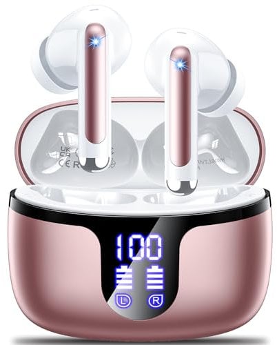 Auriculares Inalámbricos Bluetooth, 2024 Auriculares Bluetooth 5.3 HiFi Estéreo con 4 HD Mic, 50H Cascos Inalámbricos Bluetooth con función de reducción de Ruido, IPX7 Impermeable, Pantalla LED Rose