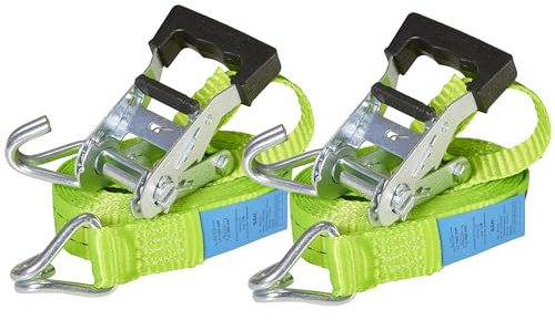 2er-Set ERGOLASH Spanngurte, 4 Meter (4m lang), 35mm breit, Zugkraft LC 1.000 daN, STF 200 daN, Zweiteilige Zurrgurte, Ratschenspanngurte mit Haken in Neon-Grün, gefertigt nach DIN EN 12195-2