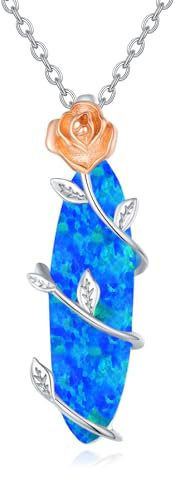 Waysles Blaue Opal Halskette 925 Sterlingsilber Rosenblüte Mit Oval Anhänger - Schmuck Geschenk für Frau Freundin Weihnacht