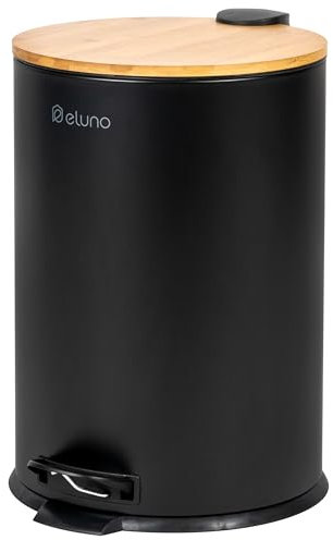 eluno Cubo de basura de cocina con pedal de 20 litros de capacidad, con tapa de bambú de cierre suave para baño, cocina, cubo interior de plástico extraíble, de bambú y metal (Negro)
