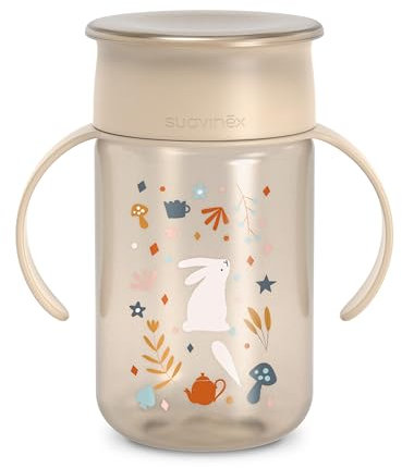 Suavinex, Vaso Aprendizaje Bebé, Vaso 360 con Sistema Antiderrame y Antigoteo, Magic Cup con Asas y Tapa, Apto Lavavajillas y Microondas, 340 ml, Taza Entrenamiento Bebés +12 Meses, Wonderland Beige