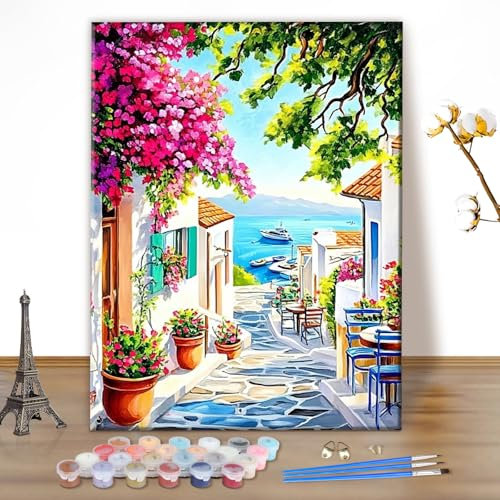 MEIYUDA Kit de peinture à l'huile numérique sur toile avec pinceaux et pigment acrylique - Motif : adultes - Vue sur la mer - 30 x 40 cm - Sans cadre