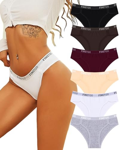 FINETOO Unterhosen Damen Baumwolle Slips Atmungsaktive Unterwäsche Sportunterwäsche Weich Sexy Hipster Frauen Logo-Bund-Sport-Slip 6er Pack Bikini Mehrpack-S
