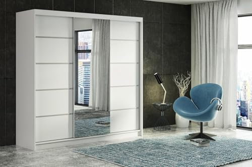ELUKS CARLI Modern Sliding Door Wardrobe with Mirror, 2 or 3 Doors, 4 colours: WHITE/BLACK/OAK/GREY 5 sizes: 100cm/120cm/150cm/180cm/200cm (White, 200cm 6 Drawers)