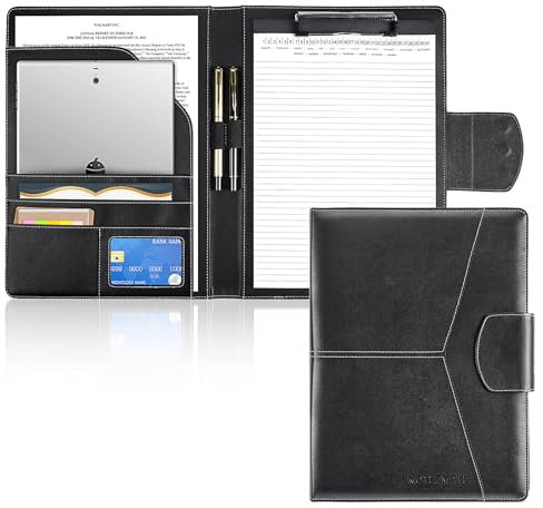 NOTEZMATE Klemmbrett A4 mit Deckel, DIN A4 Mappen Schreibmappe PU-Leder, Klemmbrettmappe A4 mit Dokumentenfächern, Stiftehalter und Magnetverschluss (Schwarz)