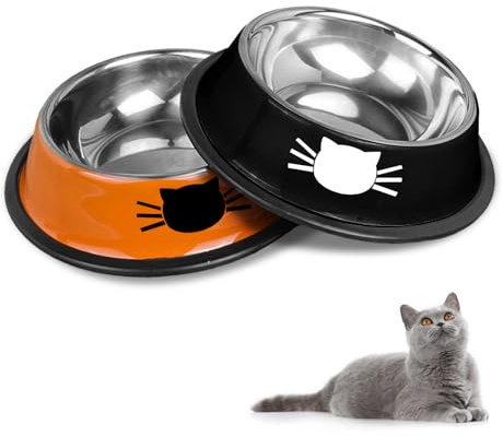 Set de gamelles pour chat, gamelles pour chats en acier inoxydable antidérapant, gamelles à nourriture pour chats, abreuvoirs pour chats, gamelles et écuelles pour animaux de compagnie (Noir + Orange)