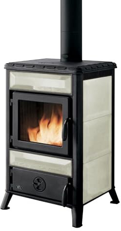 Stufa a legna Mary Royal Palazzetti Art. 808140360 8 kW, rivestimento in ceramica, top e piedi in ghisa, focolare in ghisa con vetro ceramico autopulente, colore Panna