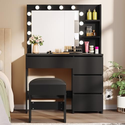 YITAHOME Dressing Table with Mirror and Stool, White Makeup Vanity Desk Dressing Table with Drawers, Open Shelves Morden Bedroom Dressing Tables with 12 LED Lights Adjustable Brightness, Black