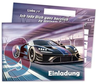 Limonia 12 Einladungskarten zum 9 .Geburtstag Auto Rennauto - Geburtstagseinladung Unisex Coole Autos & Rennwagen Motive, Einladung für Autofans - Track Racer