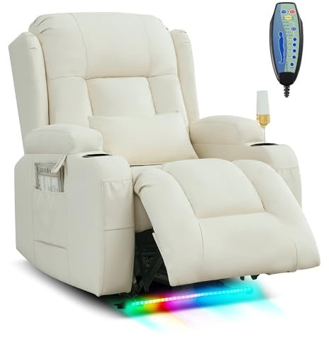 SITURAY Relaxsessel Fernsehsessel Elektrisch Verstellbar Massagesessel mit Liegefunktion Fußteil, Kunstleder TV Sessel mit Wärmefunktion, Kinosessel mit LED/USB für Wohnzimmer, bis 150 kg (1, Beige)