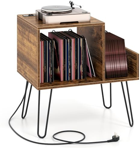 COSTWAY Support Tourne-disque avec Prise, Meuble Tourne-Disque Vinyle pour 145 Albums, Station de Charge, 2 Ports USB, 4 Pieds Amovibles, 3 Séparateurs, Étagère sur Table (Marron)