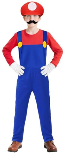 BSBUY Cosplay Kostüm Kinder 4PC Super-Brothers Luigi Cosplay mit Hat Hose Bart Handschuhe Super-Brüder Wario Waluigi Kostüm Set Outfit Kostüm Jungen für Halloween Karneval Party Child Costume (Red,M)