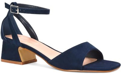 ESSEX GLAM Women's Ankle Strap Block Low Heel Sandals Ladies Cut Out Square Toe Navy Faux Suede Buckle Strappy Party Shoes Size 4