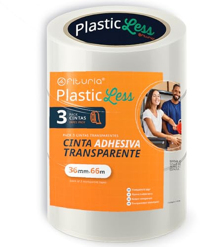 OFITURIA PlasticLess Transparentes Packband 36mm x 66m, Acryl, starke Haftung – 25% weniger Kunststoff, 100% recycelter Kern, für Kartons, Versand & Umzug (3 Rolle)