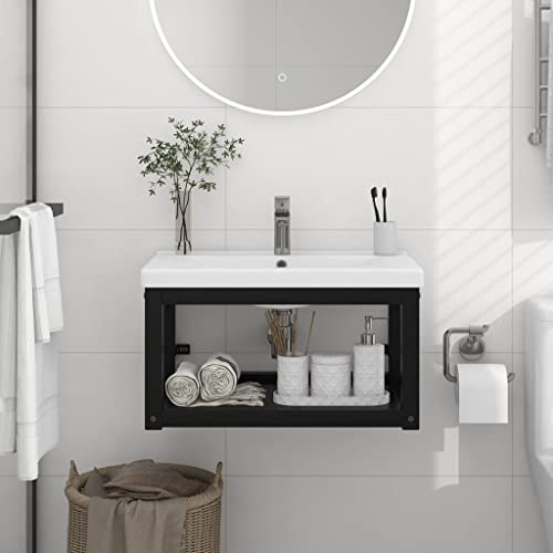 Mhdvray Mensola per lavabo da parete nera 59 × 38 × 31 cm, in ferro, ripiano aperto, salvaspazio, per piccoli bagni