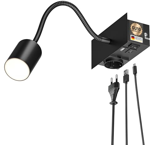ledscom.de Wandleuchte WAIKA, Schwanenhals, Schalter, schwarz, 1 Steckdose, USB-C, USB-A, 1x GU10 max. 15W