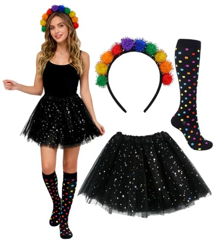 TAKONE Konfetti Kostüm Damen 3-teilig Glitzer Tüllrock Haarband Socken | 3-teiliges Set, Glitzer-Tüllrock, Haarband und Socken, elastischer Bund, für Karneval und Party