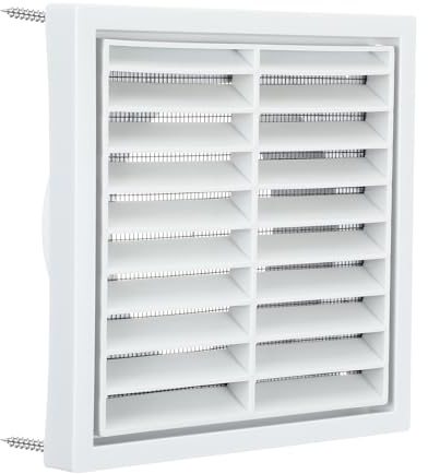 XLIUAX Air Vent Cover, 140mmx140mm White Louvred Wall Vent Grille with Flyscreen 100mm Round Rear Spigot for Tumble Dryer Extractor Fan Garage Bathroom Kitchen Exterior Walls