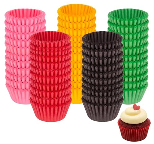 1000Pcs Mini Cupcake Cases, Assorted Yellow Brown Red Pink Green Petit | Assorted Colours Mini Cupcake Cases, Reusable Petit Five & Mini Cake Cases for Baking & Party Display