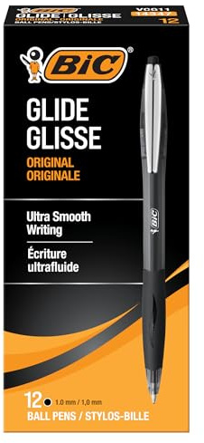 BIC Glide Druckkugelschreiber, mittlere Spitze (1,0 mm), schwarz, bequemer Gummigriff zum Schreiben, 12 Stück (VCG11-BLK)
